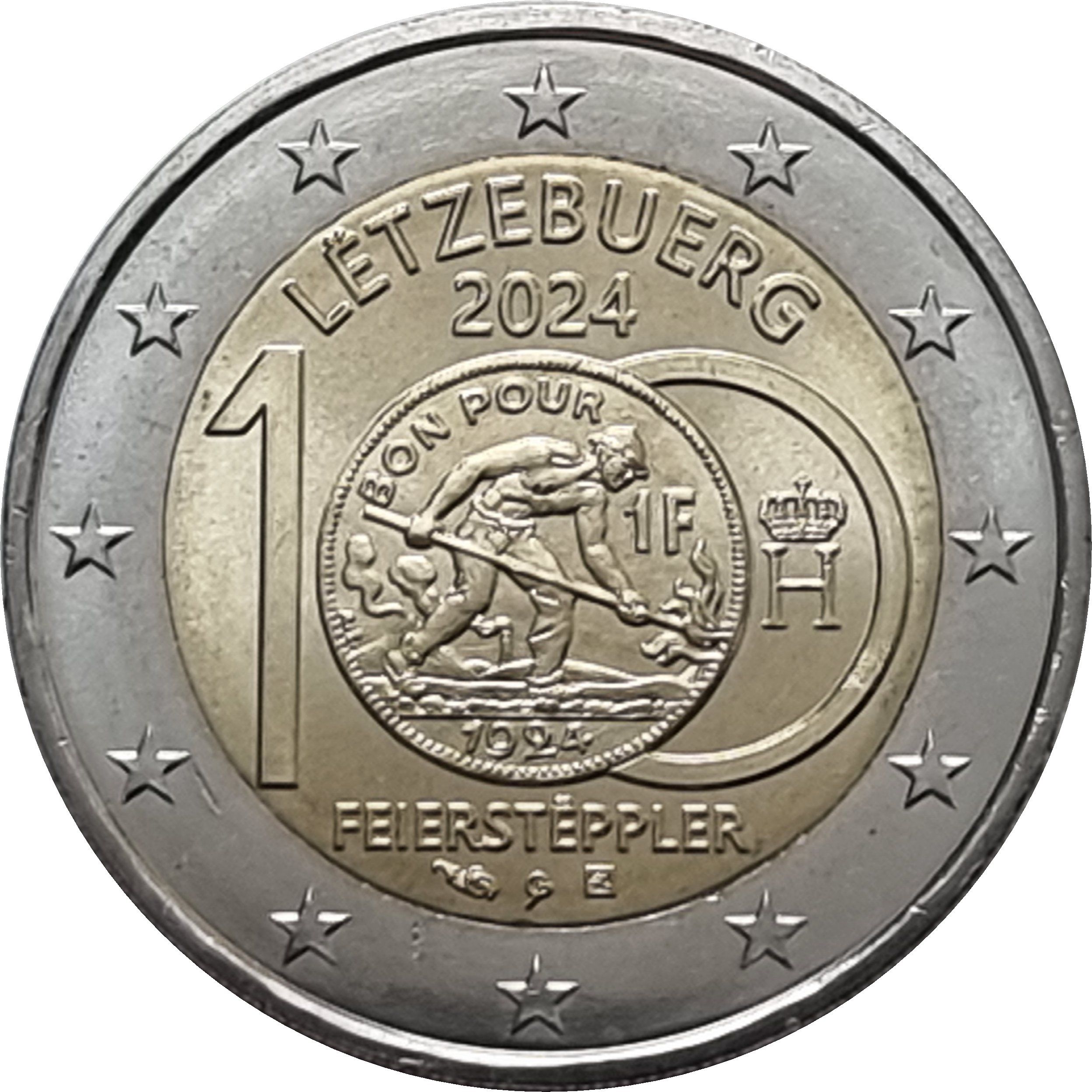 Luxembourg 2 euro 2024 — 100th Anniversary of the Introduction of the Franc Coins bearing of the image of the Feierstëppler (classic version)